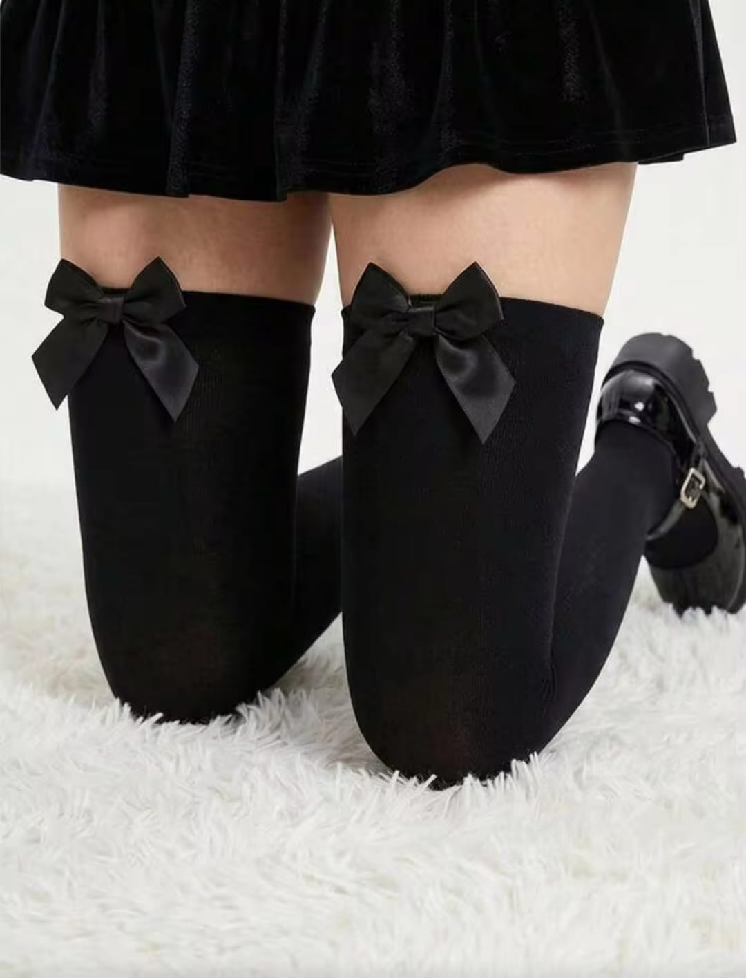 Women’s Black Thigh High Stockings with Satin Bow – Opaque Over Knee Socks
